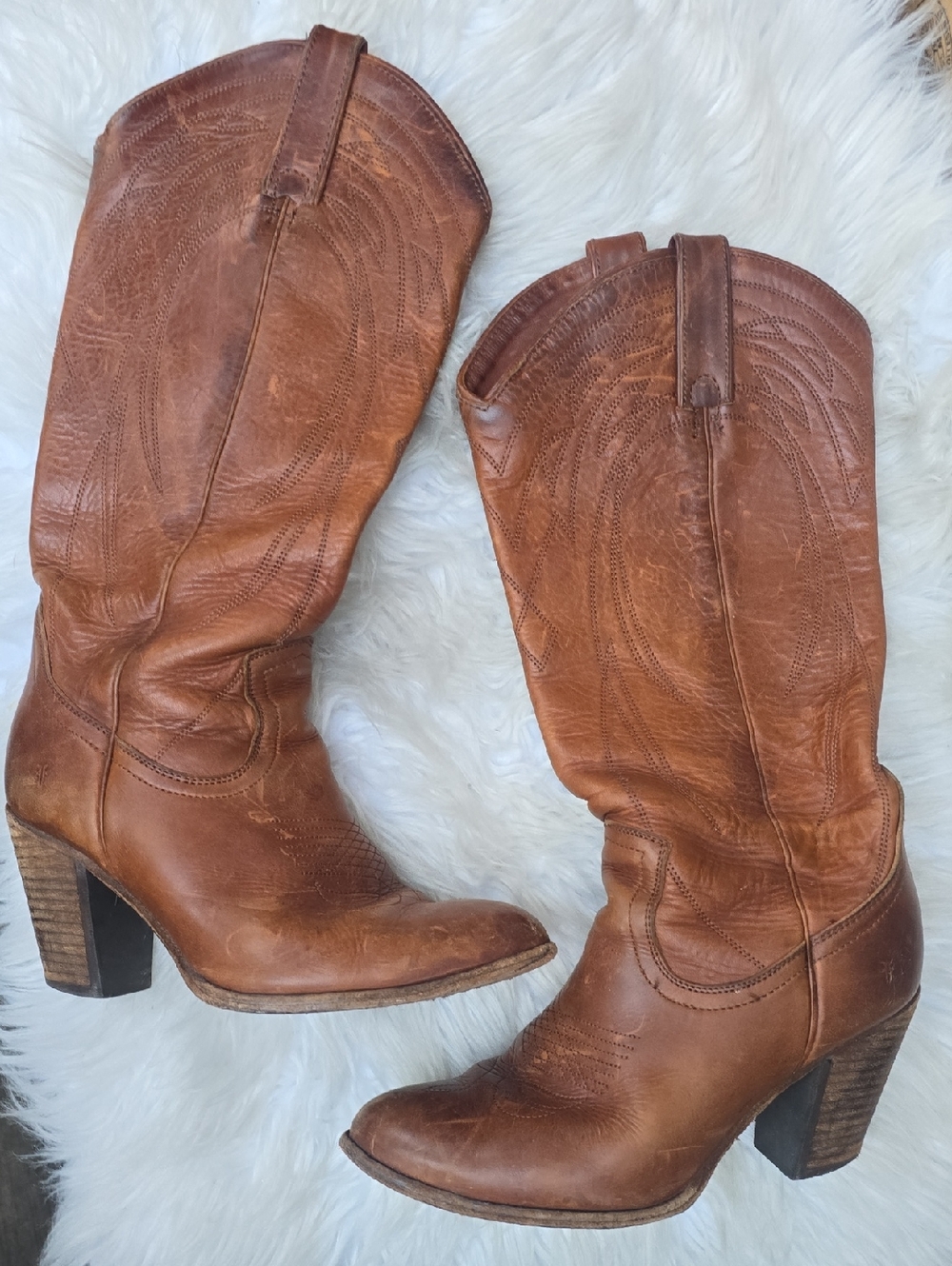 Frye Cognac Leather Heeled Cowboy Boots 8 Medium